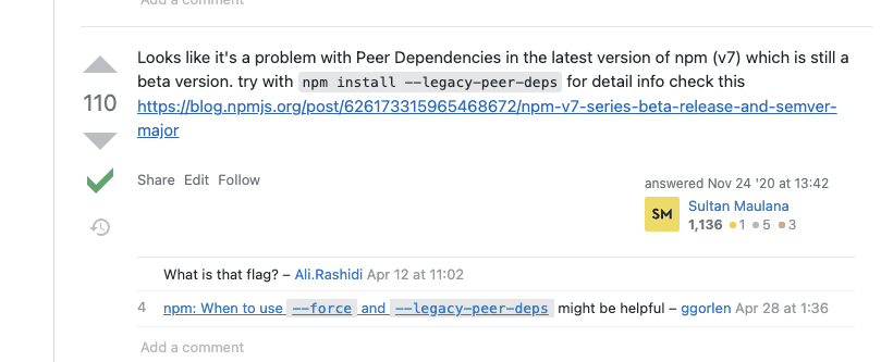 NPM 7 peerDependency 处理差异截图